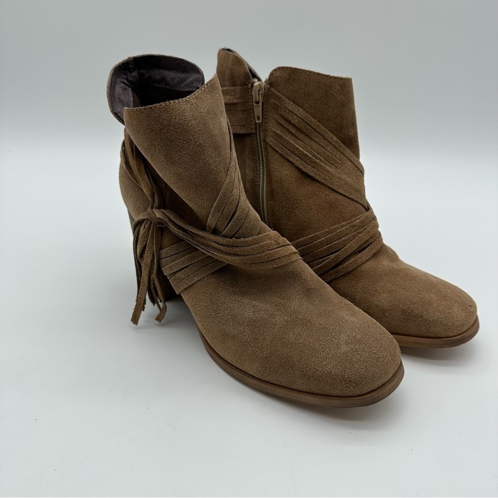 Coolway Luddie Tan Suede Ankle Booties with Fringe Tassels